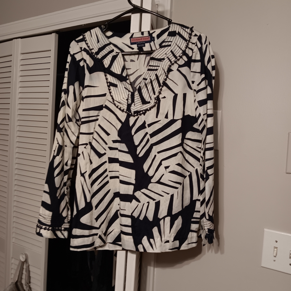 Vineyard Vines Navy and White Leaf Print Blouse